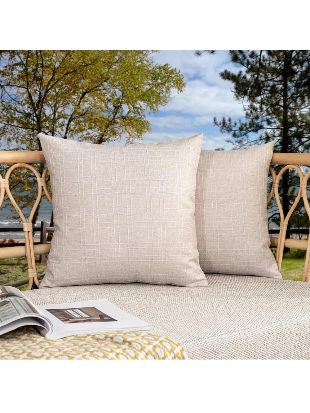 Outdoor Waterproof Pillow Covers Checkered Decorative  22x22 Inch Light Beige